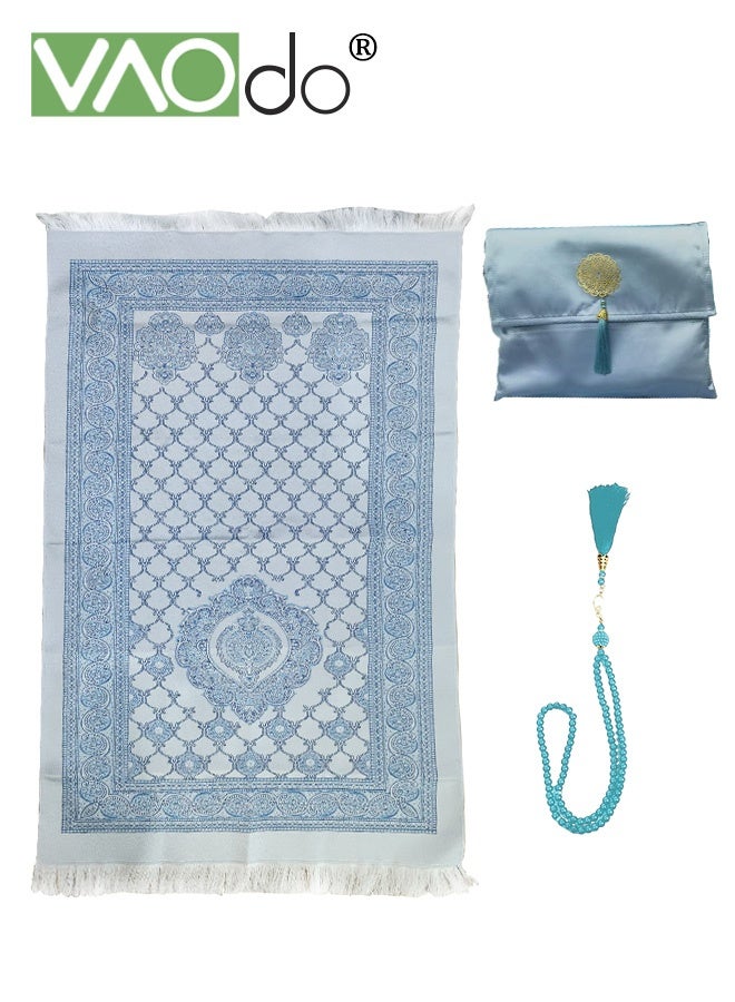 فاو دو 3 قطع سجادة صلاة إسلامية ومسبحة مع حقيبة محمولة، سجادة صلاة مسلمة ناعمة ورائعة، سجادة صلاة للسفر، هدايا إسلامية لعيد رمضان باللون الأزرق - Image 1