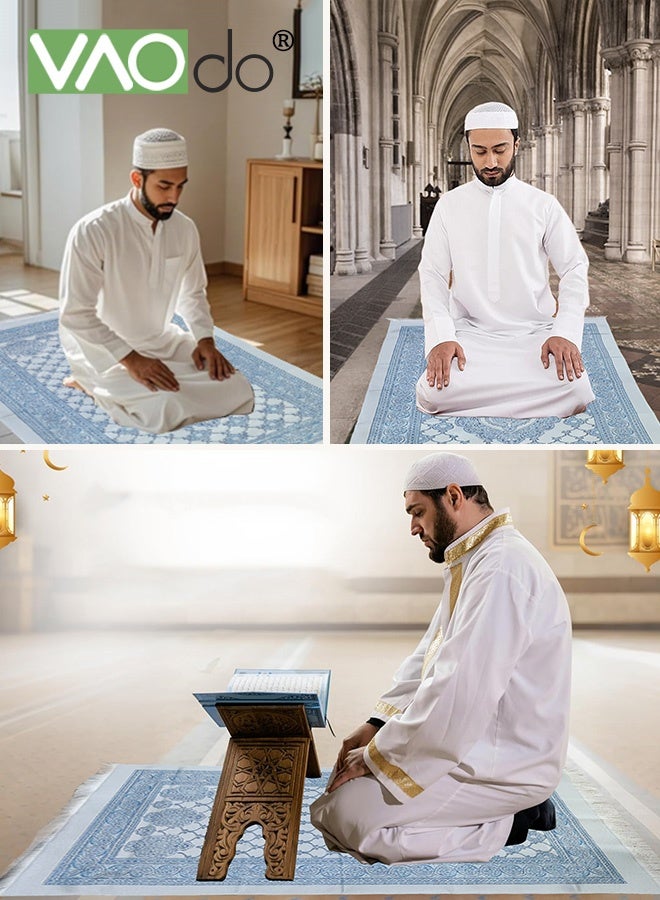 فاو دو 3 قطع سجادة صلاة إسلامية ومسبحة مع حقيبة محمولة، سجادة صلاة مسلمة ناعمة ورائعة، سجادة صلاة للسفر، هدايا إسلامية لعيد رمضان باللون الأزرق - Image 2