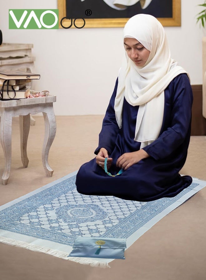 فاو دو 3 قطع سجادة صلاة إسلامية ومسبحة مع حقيبة محمولة، سجادة صلاة مسلمة ناعمة ورائعة، سجادة صلاة للسفر، هدايا إسلامية لعيد رمضان باللون الأزرق - Image 5