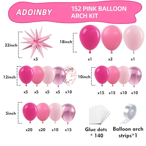 ADOINBY Pink Balloon Arch Kit 152Pcs Hot Pink Metallic Pink Shades of Pink and Confetti Balloon Garland kit Different Size Balloons for Girl Birthday Baby Shower Princess Wedding Party Decorations - Image 5