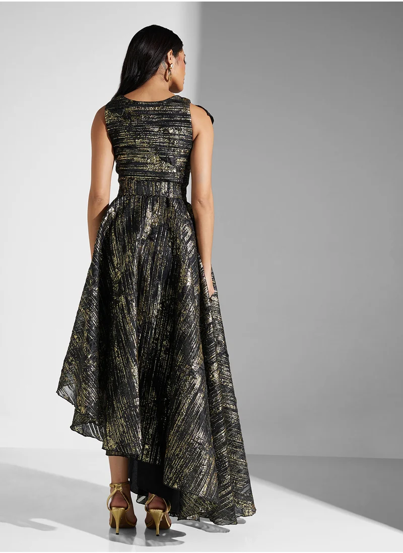 Namshi x Metallic Assymetric Dress With Ruffle Detail