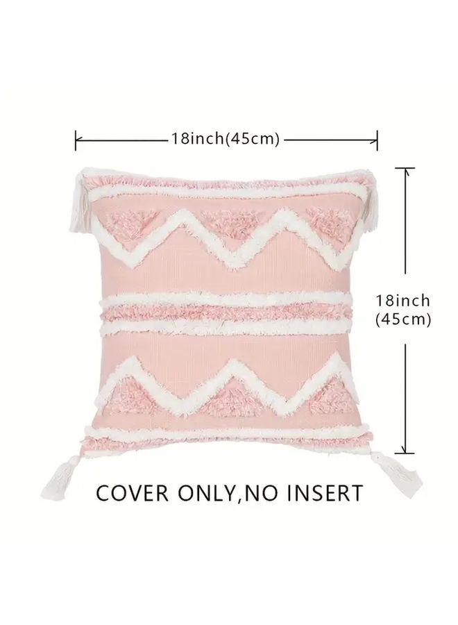 Boho Tufted Polyester Throw Pillow Cover With Tassels 18 X 18 Inch Pink White Geometric Square - Image 4