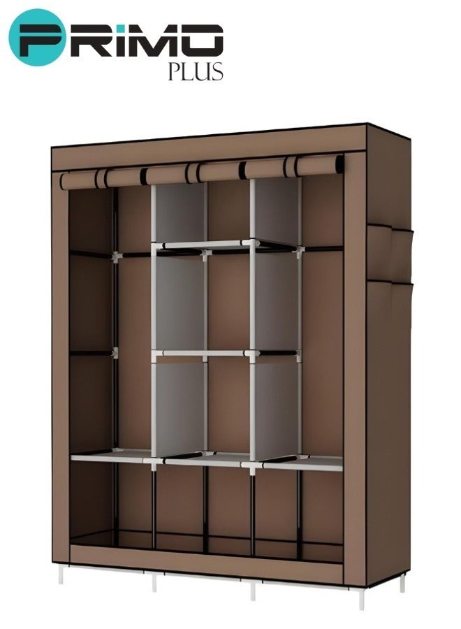 بريمو بلس خزانة ملابس محمولة مصنوعة من قماش الكانفاس مع منظف خزانة التخزين بني, خزانة ملابس قابلة للطي لتخزين الملابس والهدايا، والاكسسوارات مكونة من 6 + 2 طبقات - Image 1