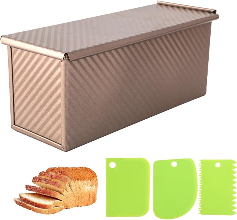 Spmarkt Bread Pan, 13 * 5inch Aluminized Steel Non-Stick Rectangle Pullman Loaf Pan with Lid, Long Sourdough Bread Loaf Pan for Homemade, Deep Bread Tin with Dough Scraper Cutter - Image 1