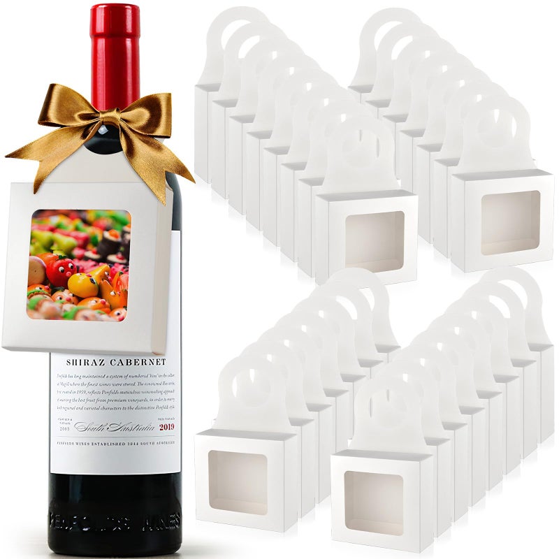 Mototo 30 PCS Kraft Paper Wine Bottle Boxes with Transparent Window Hanger Foldable Wine Bottle Empty Gift Boxes with Hanger for Valentines Christmas Candy Truffles Chocolate Cookies Packing, White - Image 1