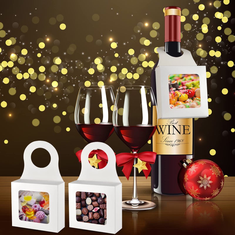 Mototo 30 PCS Kraft Paper Wine Bottle Boxes with Transparent Window Hanger Foldable Wine Bottle Empty Gift Boxes with Hanger for Valentines Christmas Candy Truffles Chocolate Cookies Packing, White - Image 4