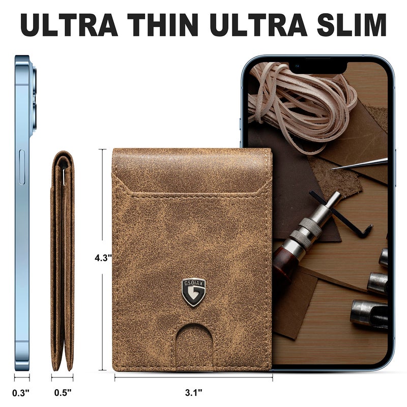 GSOIAX Mens Slim Wallet RFID Blocking Bifold wallets for men Minimalist Genuine Leather Carbon Fiber Card Holder Money Clip Thin Mens with Gift Box (Leather Brown) - Image 3
