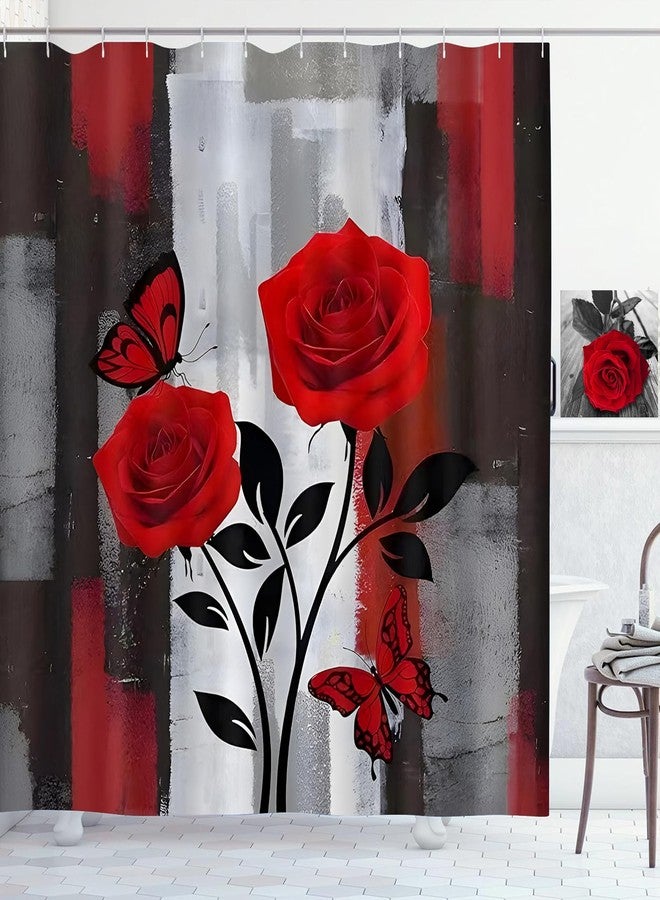 ZCHOMI Red Rose Shower Curtain Black and Red Rose Floral Shower Curtains for Bathroom Waterproof Polyester Fabric Bathroom Curtain 72 x 72 Inch with 12 Plastic Hooks - Image 1