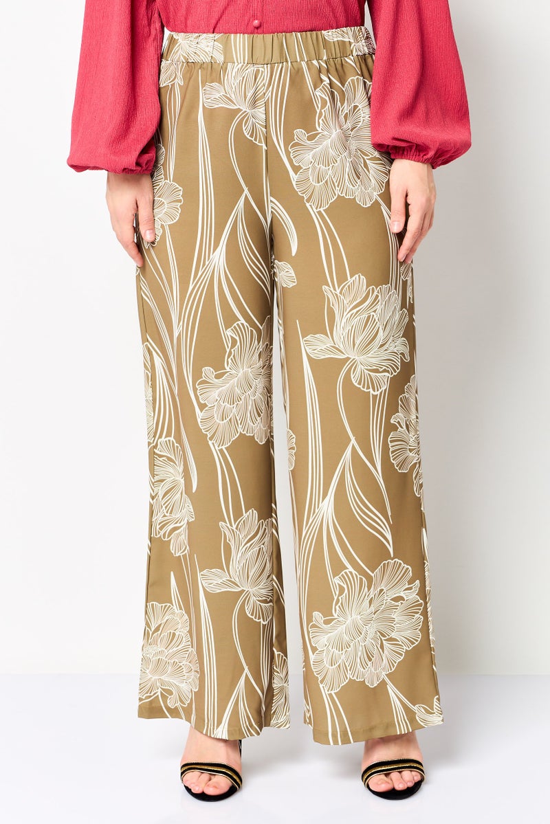 Material Girl سروال بالازو مزخرف بالزهور للنساء، كاكي - Image 1