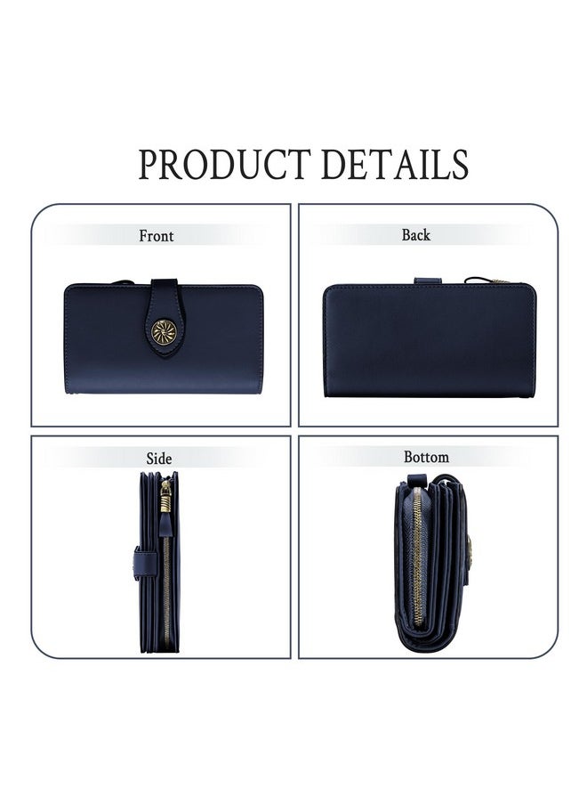 Travelambo Womens Wallet Rfid Blocking Large Capacity Clutch Leather Wristlet Long Purse Multi Card Organizer(Navy Blue)  - Image 4
