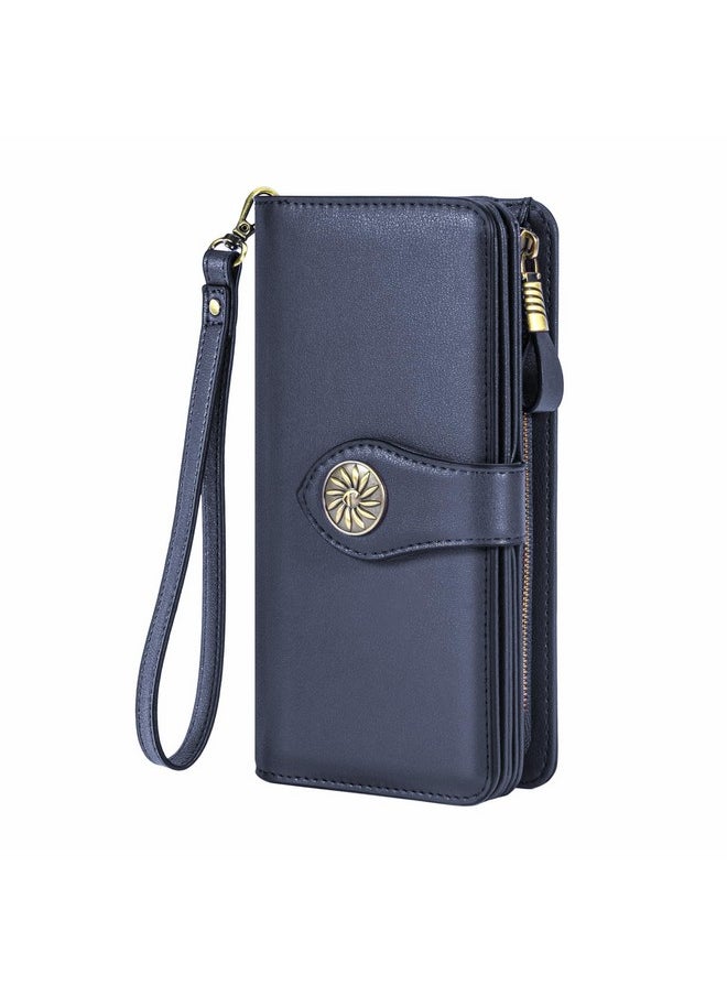 Travelambo Womens Wallet Rfid Blocking Large Capacity Clutch Leather Wristlet Long Purse Multi Card Organizer(Navy Blue)  - Image 1