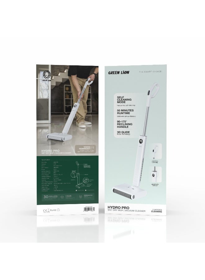 GREEN LION Hydro Pro Wet Dry Mop & Vacuum Cleaner / 2 Modes Cleaning / 2 Button Control / Smart LED Display / Self Cleaning Mode / 50 Minutes Runtime / 90-175° Recleaning Handle / Charging Method Type-C  - White - Image 3