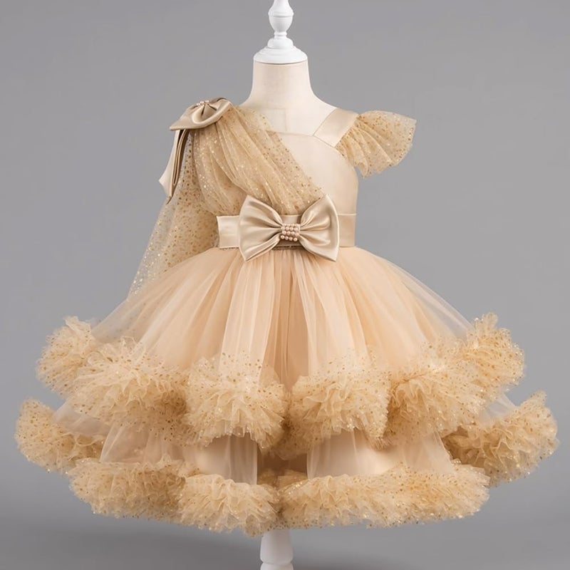 IMEKIS Pageant Dress for Girls: 5th 6th Birthday Outfit Toddler Prom Sparkly Gold Tulle Princess Baby Formal Tea Party Kids Graduation Bow Asymmetric Shoulder Tiered Ball Gown Champagne 5-6 Years - Image 3