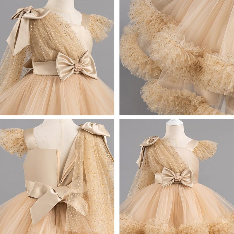 IMEKIS Pageant Dress for Girls: 5th 6th Birthday Outfit Toddler Prom Sparkly Gold Tulle Princess Baby Formal Tea Party Kids Graduation Bow Asymmetric Shoulder Tiered Ball Gown Champagne 5-6 Years - Image 2