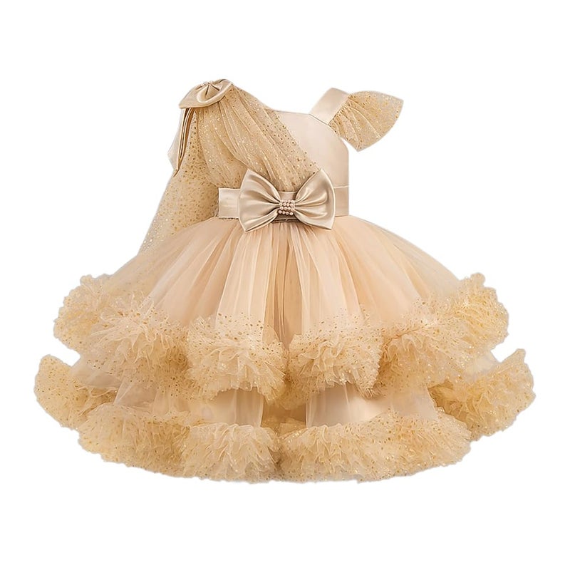 IMEKIS Pageant Dress for Girls: 5th 6th Birthday Outfit Toddler Prom Sparkly Gold Tulle Princess Baby Formal Tea Party Kids Graduation Bow Asymmetric Shoulder Tiered Ball Gown Champagne 5-6 Years - Image 1
