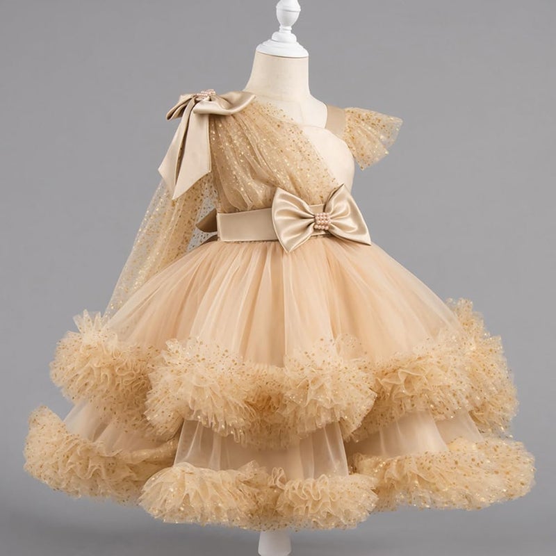 IMEKIS Pageant Dress for Girls: 5th 6th Birthday Outfit Toddler Prom Sparkly Gold Tulle Princess Baby Formal Tea Party Kids Graduation Bow Asymmetric Shoulder Tiered Ball Gown Champagne 5-6 Years - Image 4