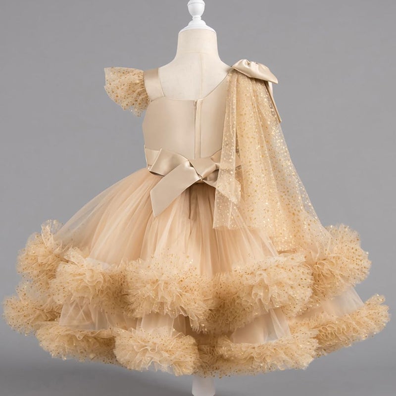 IMEKIS Pageant Dress for Girls: 5th 6th Birthday Outfit Toddler Prom Sparkly Gold Tulle Princess Baby Formal Tea Party Kids Graduation Bow Asymmetric Shoulder Tiered Ball Gown Champagne 5-6 Years - Image 5