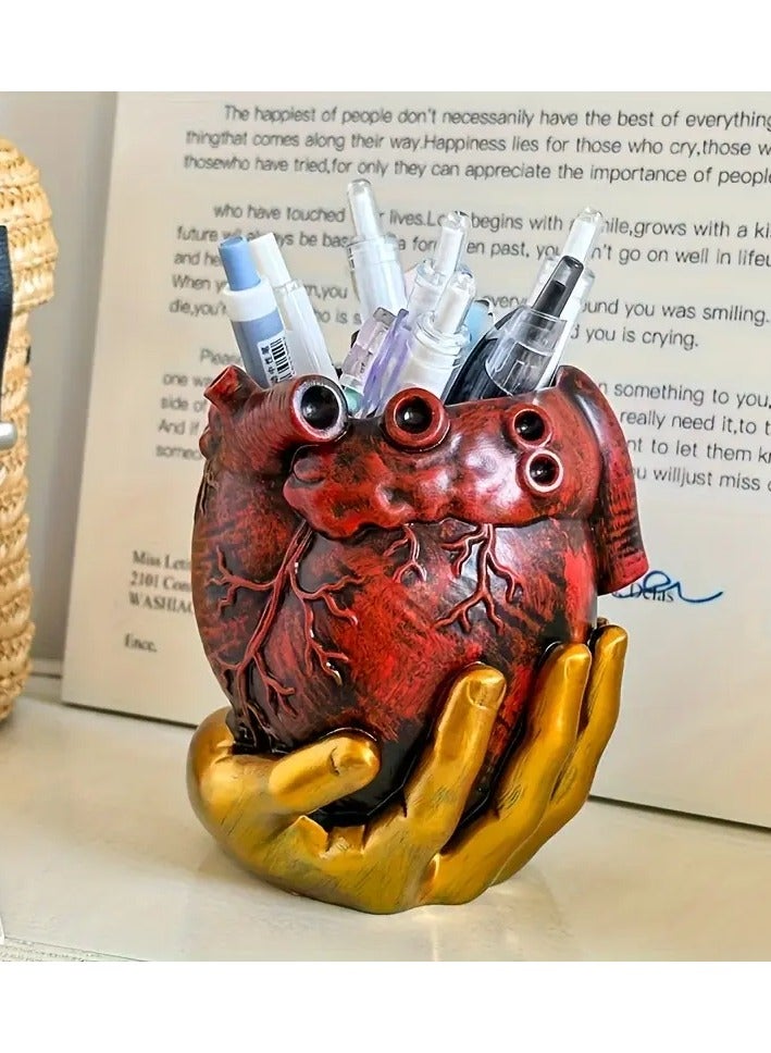 Generic Anatomical Heart-Shaped Organizer – Multi-Compartment Red & Yellow Desk Storage for Brushes, Tools & Office Supplies  - Image 2