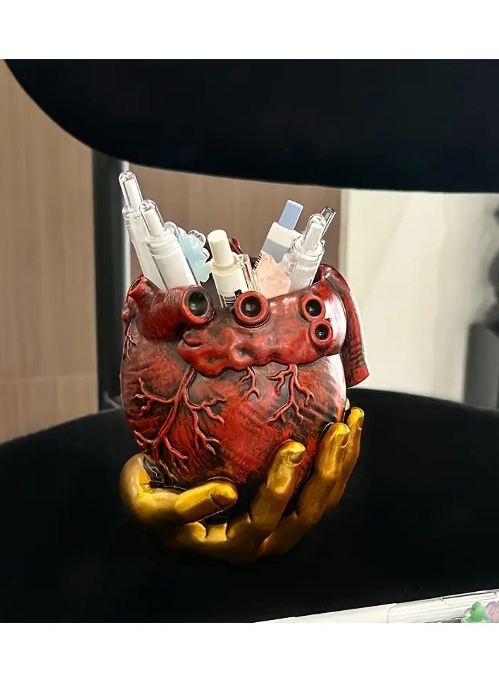 Generic Anatomical Heart-Shaped Organizer – Multi-Compartment Red & Yellow Desk Storage for Brushes, Tools & Office Supplies  - Image 3