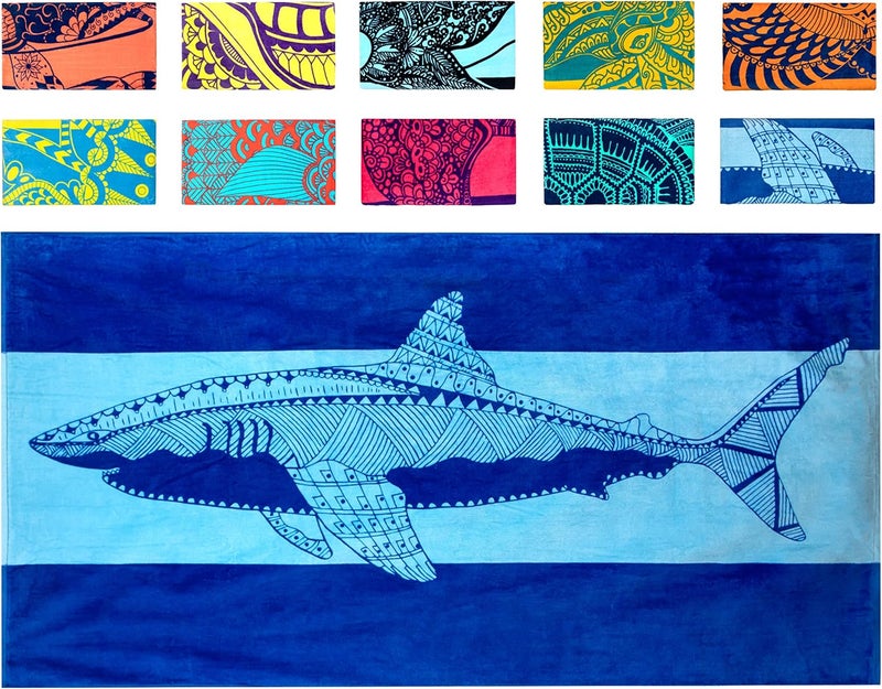 Nova Blue Shark Beach Towel – Blue with A Tropical Design, Extra Large, XL (34”x 63”) Cool Hawaiian, Navy Beach Towel with Light Blue Stripe, Made from 100% Cotton Trendy natural tone options - Image 1