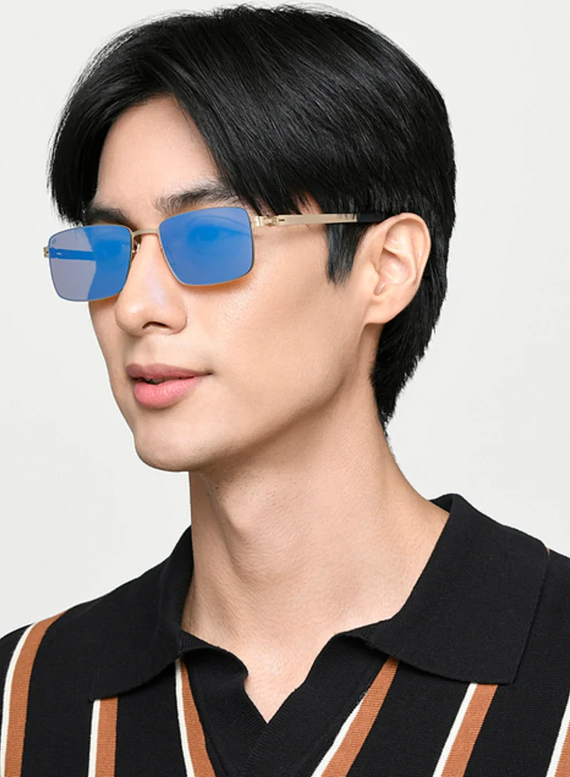 VINCENT CHASE Vincent Chase By Lenskart | Gold Blue Mirror Full Rim Rectangular | Lounge Tints | Branded Latest and Stylish Sunglasses | 100% UV Protection (UV 400) | Unisex | Medium | VC S17424