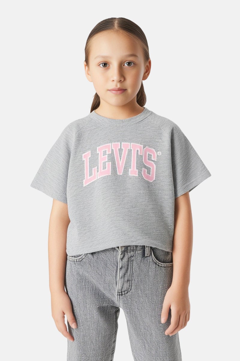 Levi's Kids Girl Crew Neck Short Sleeve Brand Logo Top, Grey - Image 2