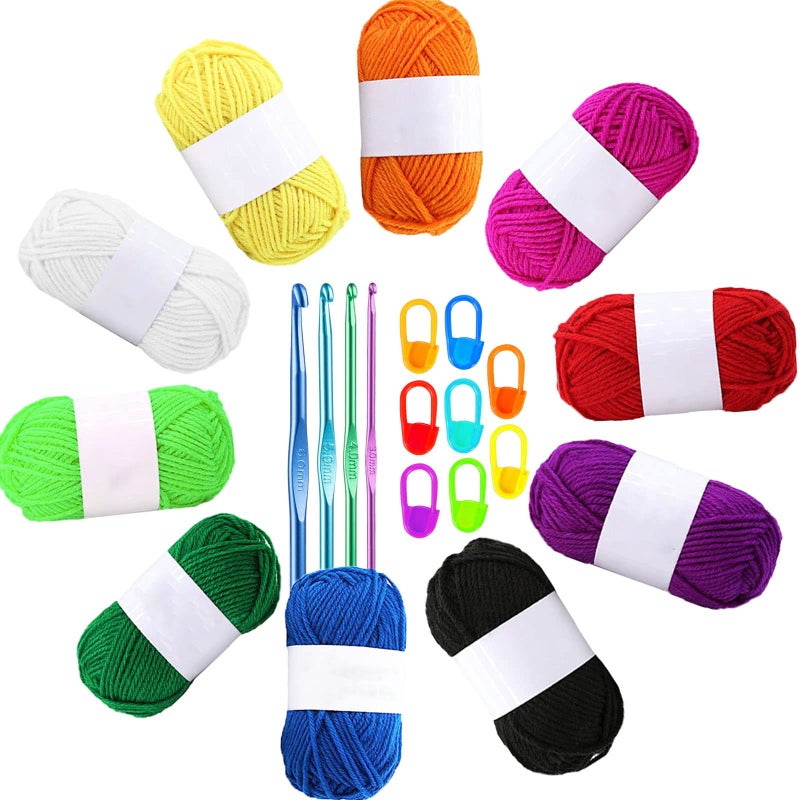 Wendergo Crochet Kits for Beginners 100 Acrylic Yarn 16g 10 Assorted Colour with 4X Braided Aluminum Crochet Hooks and 8X Stitch Markers Perfect for Making Small Yarn Crafting Projects