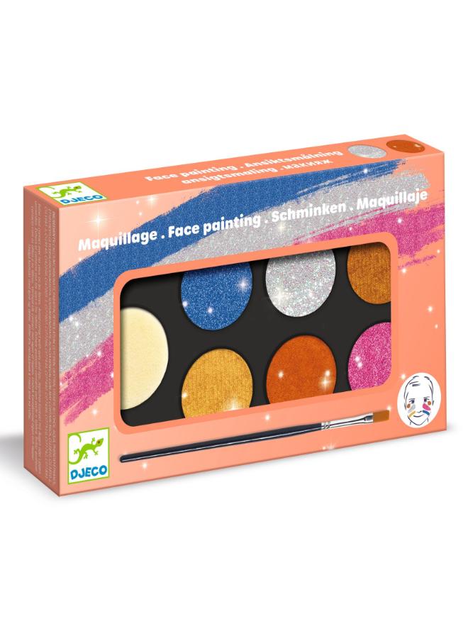 Djeco Palette 6 Colours Metallic Face Paint Set, Highly-Pigmented Pearly Shades, Easy-to-Use, Washable, Paraben and Fragrance-Free, Creative Face Painting Kit for Fun Designs - Image 1