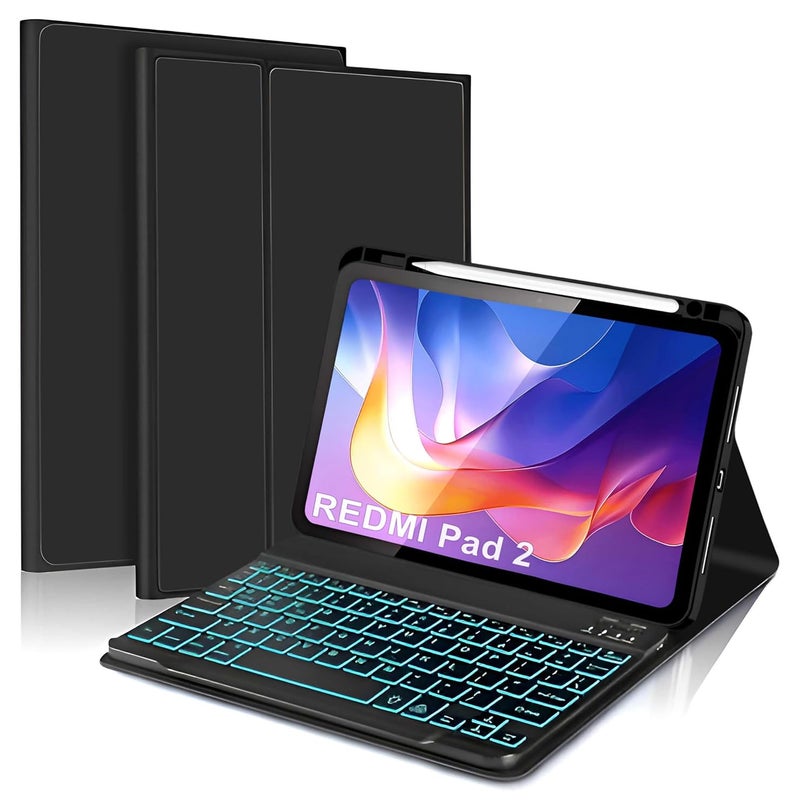 ProElite Keyboard case for Xiaomi Redmi Pad 2 11 inch, Magnetic Detachable Wireless Bluetooth Keyboard Built-in 7-Colors Backlit with Pen Holder, Black - Image 1