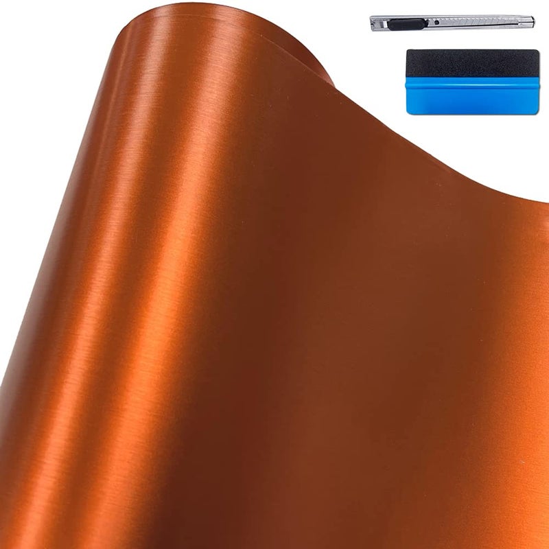 LZLRUN Brushed Metallic Steel Vinyl Wrap Roll with Air Release Technology DIY Styling Adhesive Decal Wrapping Car Accessories Orange 1ft x 5ft