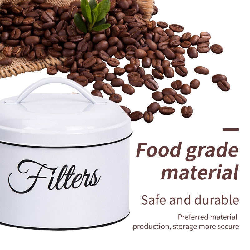 MYSENLAN Coffee Filter Holder,Basket Coffee Filter Holder Storage with Lid,Rustic Round Metal Coffee Filter Dispenser for Counter Kitchen Coffee Bar DÃ©cor(white) - Image 3