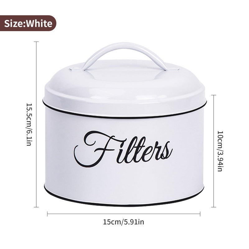 MYSENLAN Coffee Filter Holder,Basket Coffee Filter Holder Storage with Lid,Rustic Round Metal Coffee Filter Dispenser for Counter Kitchen Coffee Bar DÃ©cor(white) - Image 2