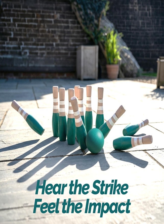 Sterling Sports Wooden Lawn Bowling 9" Skittles Set with Carrying Mesh Bag for Indoors and Outdoors - 10 Wooden Pins and 2 Balls, Green/Turquoise and Gray - Image 2