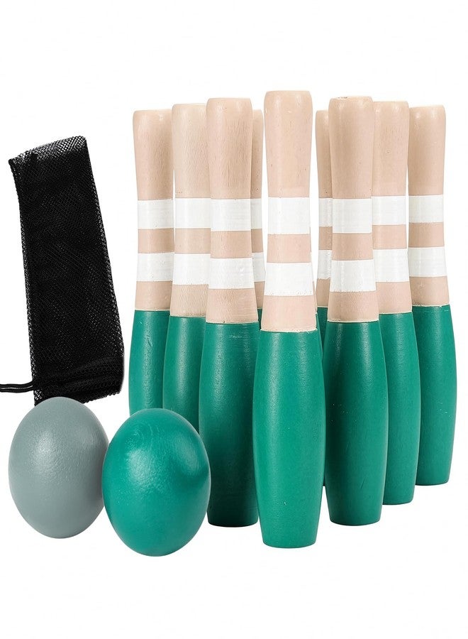 Sterling Sports Wooden Lawn Bowling 9" Skittles Set with Carrying Mesh Bag for Indoors and Outdoors - 10 Wooden Pins and 2 Balls, Green/Turquoise and Gray - Image 1