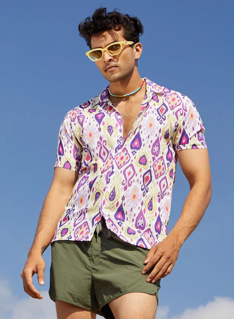 Campus Sutra Men's Lavender & Pear Yellow Ethnic Shirt