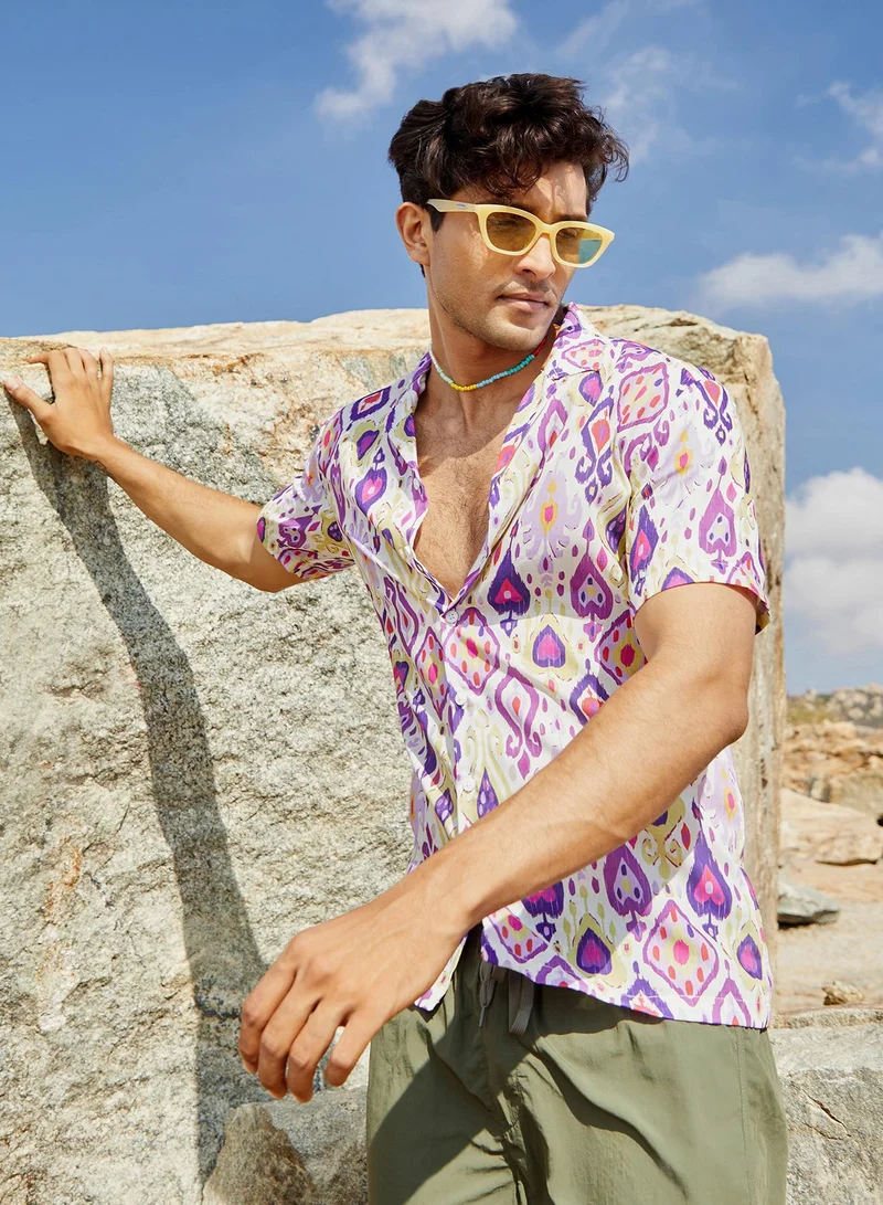 Campus Sutra Men's Lavender & Pear Yellow Ethnic Shirt