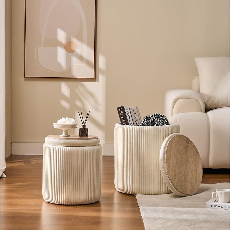 BLEXA Round Set of 2 Ottoman with Storage-Upholstered Velvet Vanity Stool for MakeupMultifunctional Ottomans Coffee Table Padded Seat Foot Rest for Living Room&Bedroom(White) - Image 3