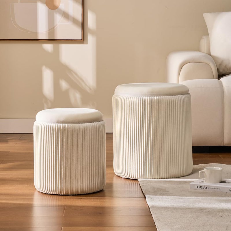 BLEXA Round Set of 2 Ottoman with Storage-Upholstered Velvet Vanity Stool for MakeupMultifunctional Ottomans Coffee Table Padded Seat Foot Rest for Living Room&Bedroom(White) - Image 2
