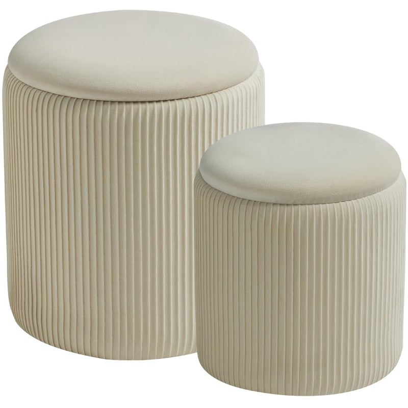 BLEXA Round Set of 2 Ottoman with Storage-Upholstered Velvet Vanity Stool for MakeupMultifunctional Ottomans Coffee Table Padded Seat Foot Rest for Living Room&Bedroom(White) - Image 1
