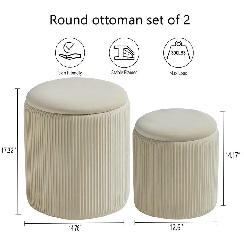 BLEXA Round Set of 2 Ottoman with Storage-Upholstered Velvet Vanity Stool for MakeupMultifunctional Ottomans Coffee Table Padded Seat Foot Rest for Living Room&Bedroom(White) - Image 4
