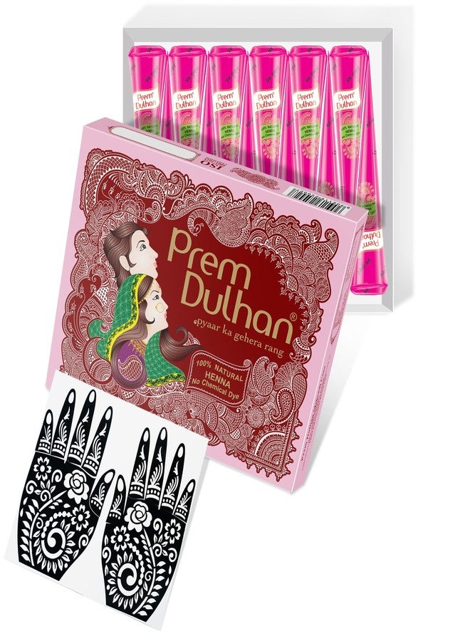 Prem Dulhan Natural Henna Mehandi Cones 12 Pcs Box with Stencils, Brown Mehendi Cones, for Bridal and Festivals, Easy Application, Paisley Stencil, Pink Box - Image 2
