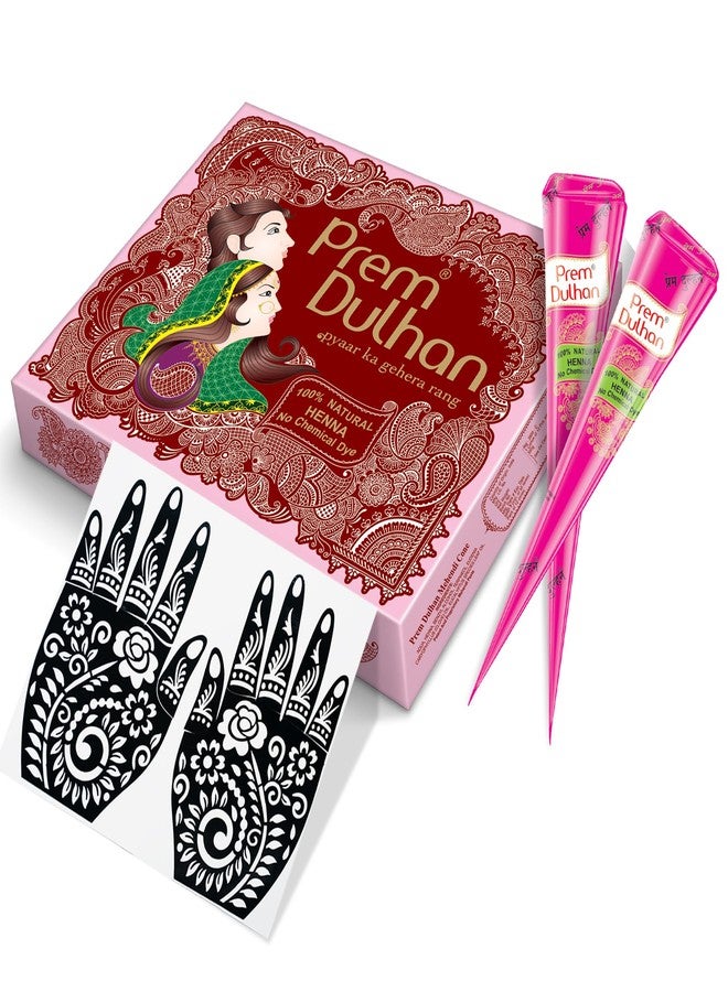 Prem Dulhan Natural Henna Mehandi Cones 12 Pcs Box with Stencils, Brown Mehendi Cones, for Bridal and Festivals, Easy Application, Paisley Stencil, Pink Box - Image 1