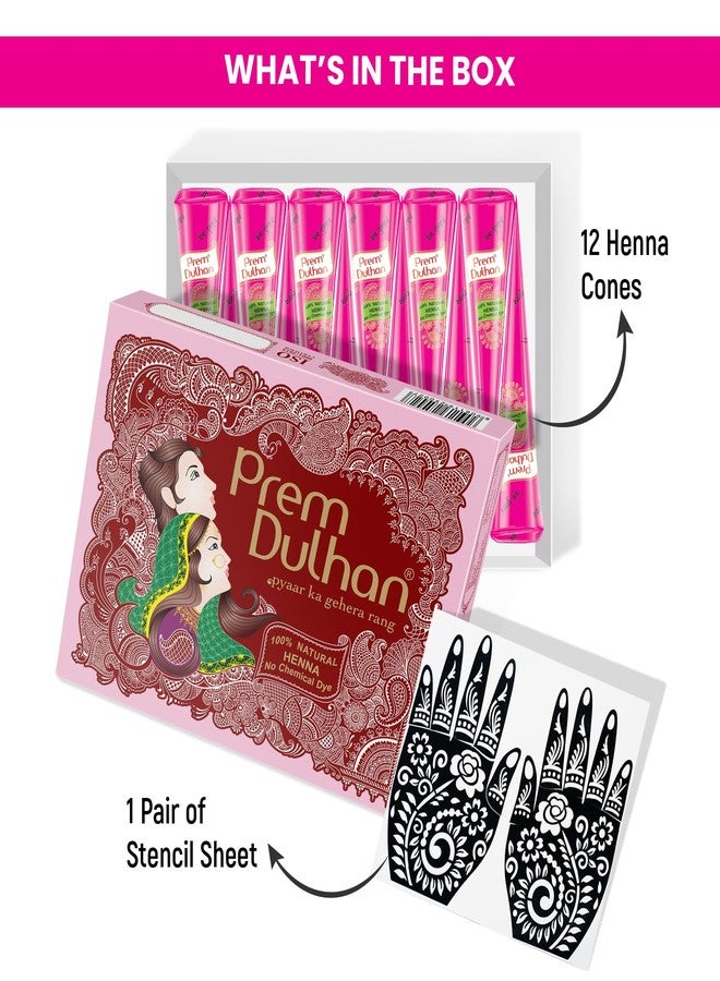 Prem Dulhan Natural Henna Mehandi Cones 12 Pcs Box with Stencils, Brown Mehendi Cones, for Bridal and Festivals, Easy Application, Paisley Stencil, Pink Box - Image 3