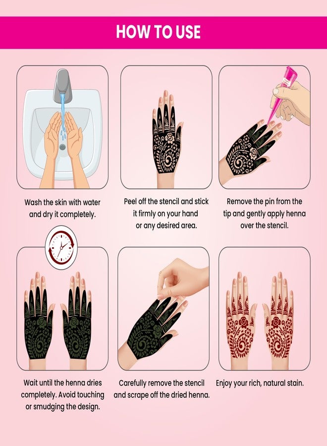 Prem Dulhan Natural Henna Mehandi Cones 12 Pcs Box with Stencils, Brown Mehendi Cones, for Bridal and Festivals, Easy Application, Paisley Stencil, Pink Box - Image 4