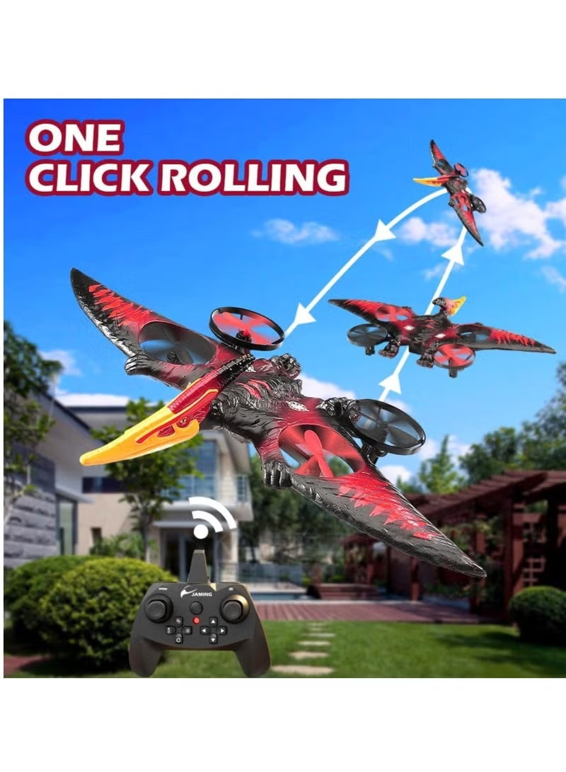 A ZONE Flying Dinosaur RC Fighter Jet L0713 – Remote Control Toy for Kids & Adults with 360° Stunts, One-Key Take Off, LED Lights, 2.4GHz Gyro & USB Charging – RC Dinosaur Drone (Red & Black) - Image 2