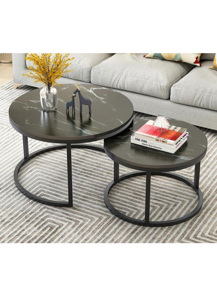 Round Coffee Tables for Living Room Furniture Marble Nesting Coffee Table Set of 2 Stacking Side Tea Table for Small Spaces Balcony Office, Stable Metal Frame,Easy Assembly(CJ022-Black) - Image 1
