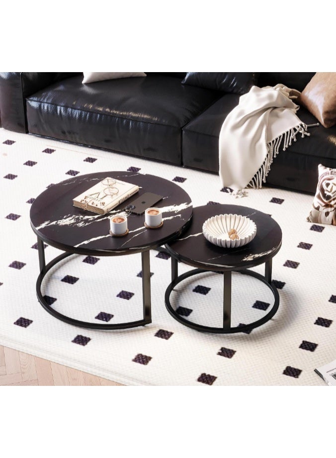 Round Coffee Tables for Living Room Furniture Marble Nesting Coffee Table Set of 2 Stacking Side Tea Table for Small Spaces Balcony Office, Stable Metal Frame,Easy Assembly(CJ022-Black) - Image 3