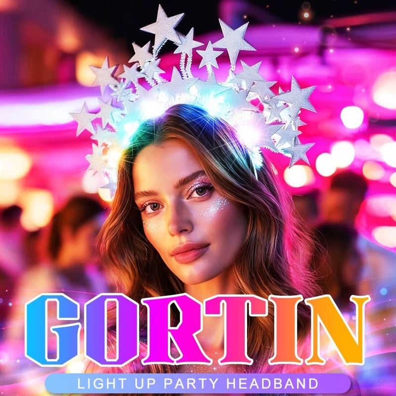 GORTIN Light up Stars Headband LED Headpiece Glowing Costume Headwear Rave Hair Accessories for Women (Silver) - Image 5