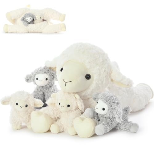 BENINY 5Pcs Lamb Stuffed Animal Set Mommy Lamb Plush 20 Inch with 4 Baby Lambs in Her Zippered Tummy Stuffed Sheep Plushie Toy for Girls Boys and Kids - Image 1