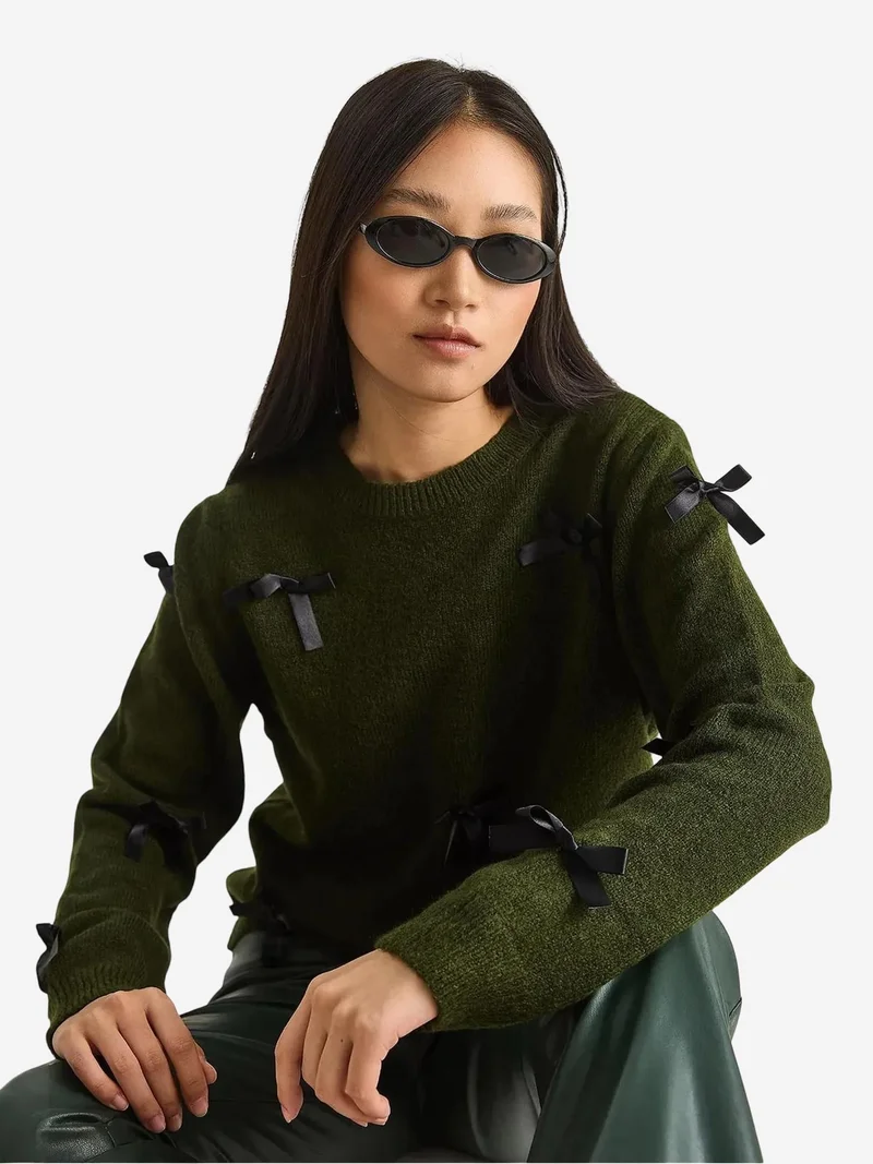 Bianco Lucci Forest Green LUCCI Bow Detailed Crew Neck Sweater for Women | Best Price UAE
